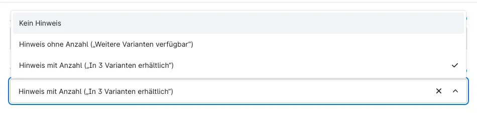 Auswahl beim Varianten-Hinweis