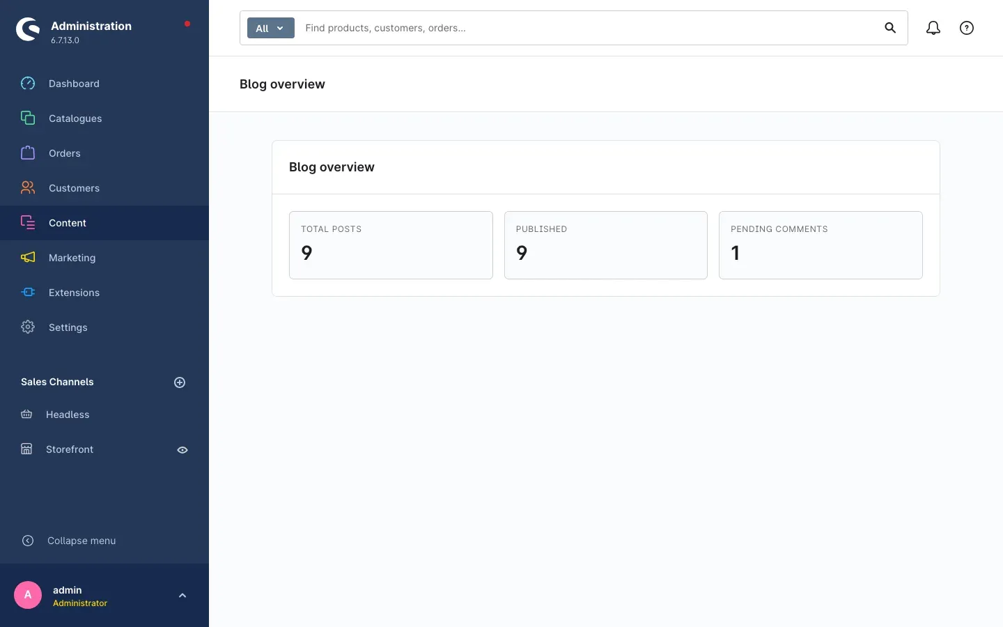 Blog overview in the Administration