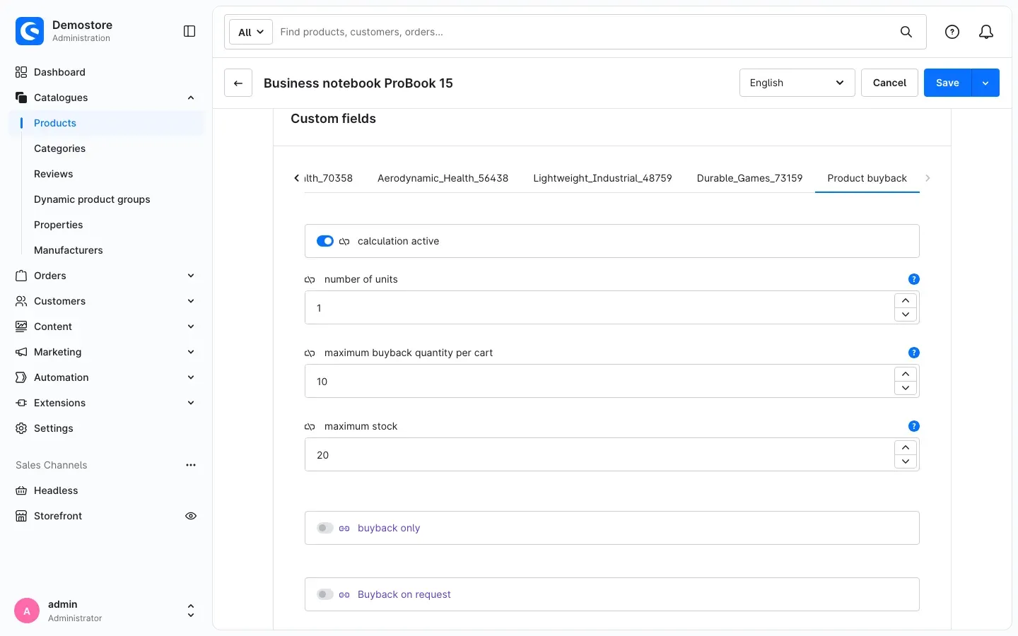 Fig. 5: The buyback settings of a product in the "Custom fields" card, tab "Product buyback"