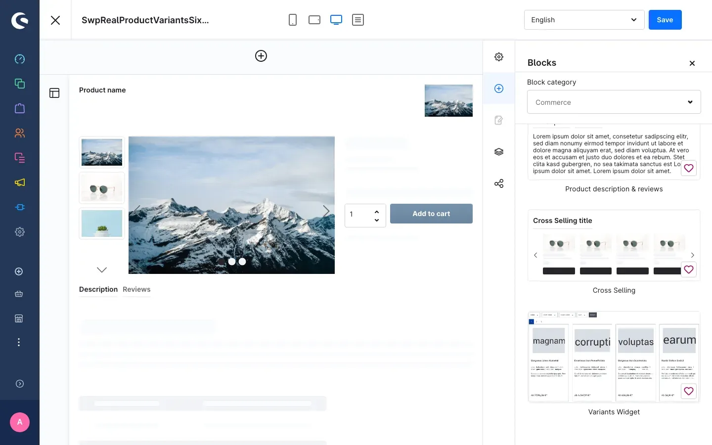 Block library of the Shopping Experiences with the "Variants Widget" block