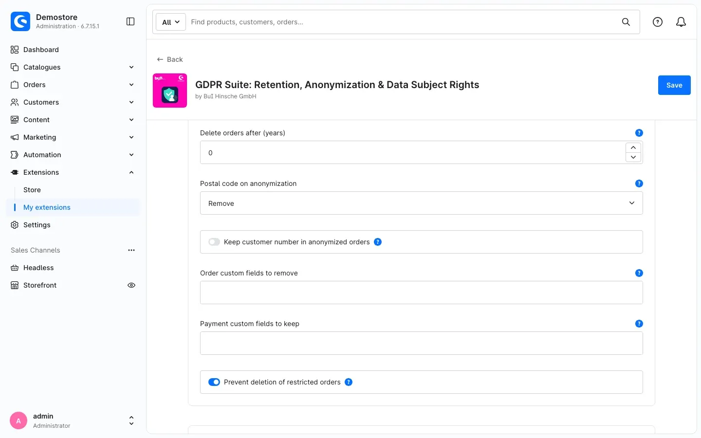 Further settings in the Orders section