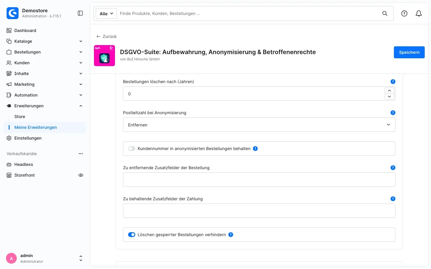 Weitere Einstellungen im Bereich Bestellungen