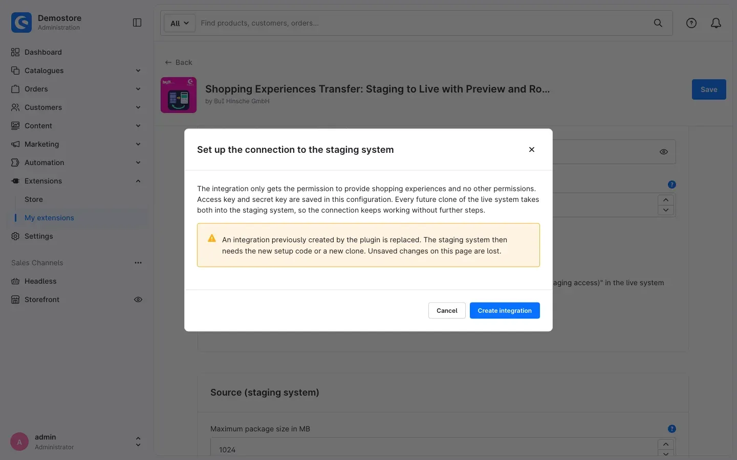 "Set up the connection to the staging system" window