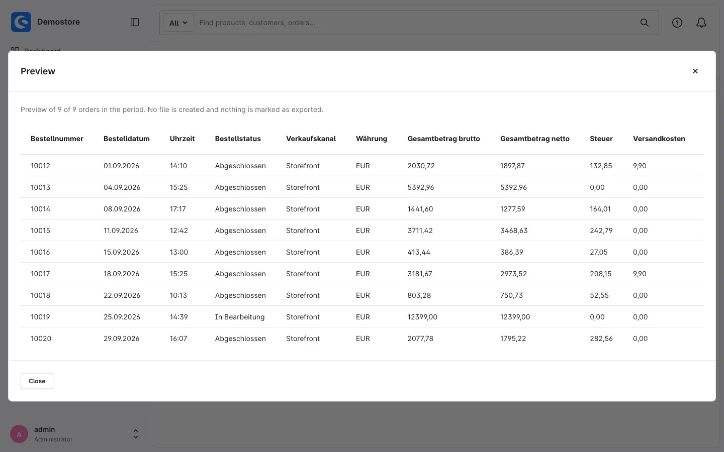 Preview with order data