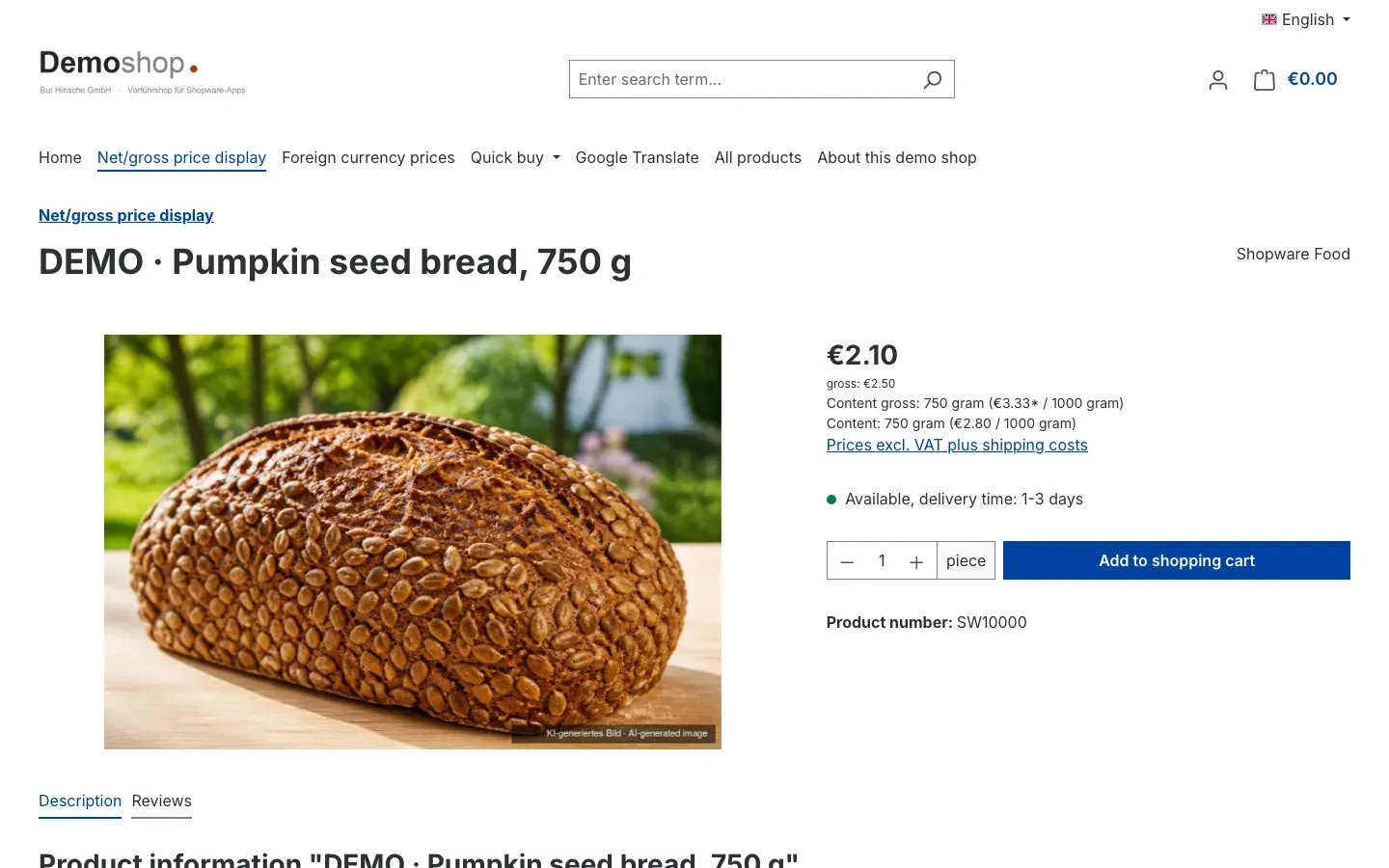 Product page for a customer group with net prices