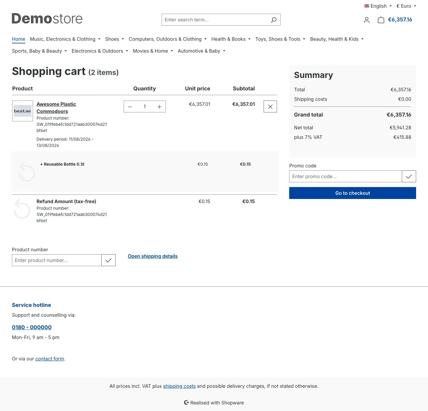 Shopping cart with the deposit shown