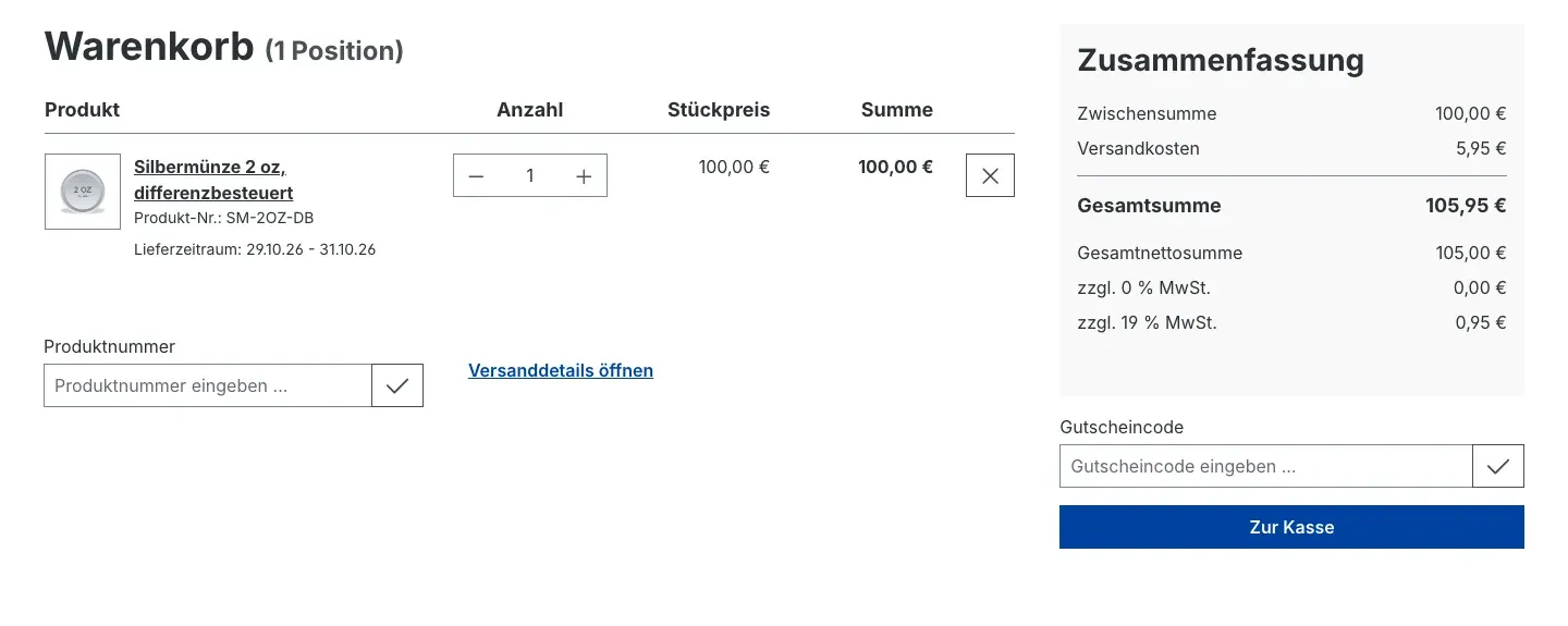 Warenkorb mit einem differenzbesteuerten Artikel
