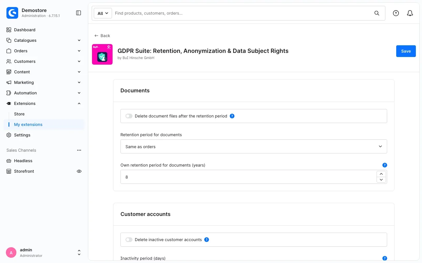 Documents section and start of the Customer accounts section