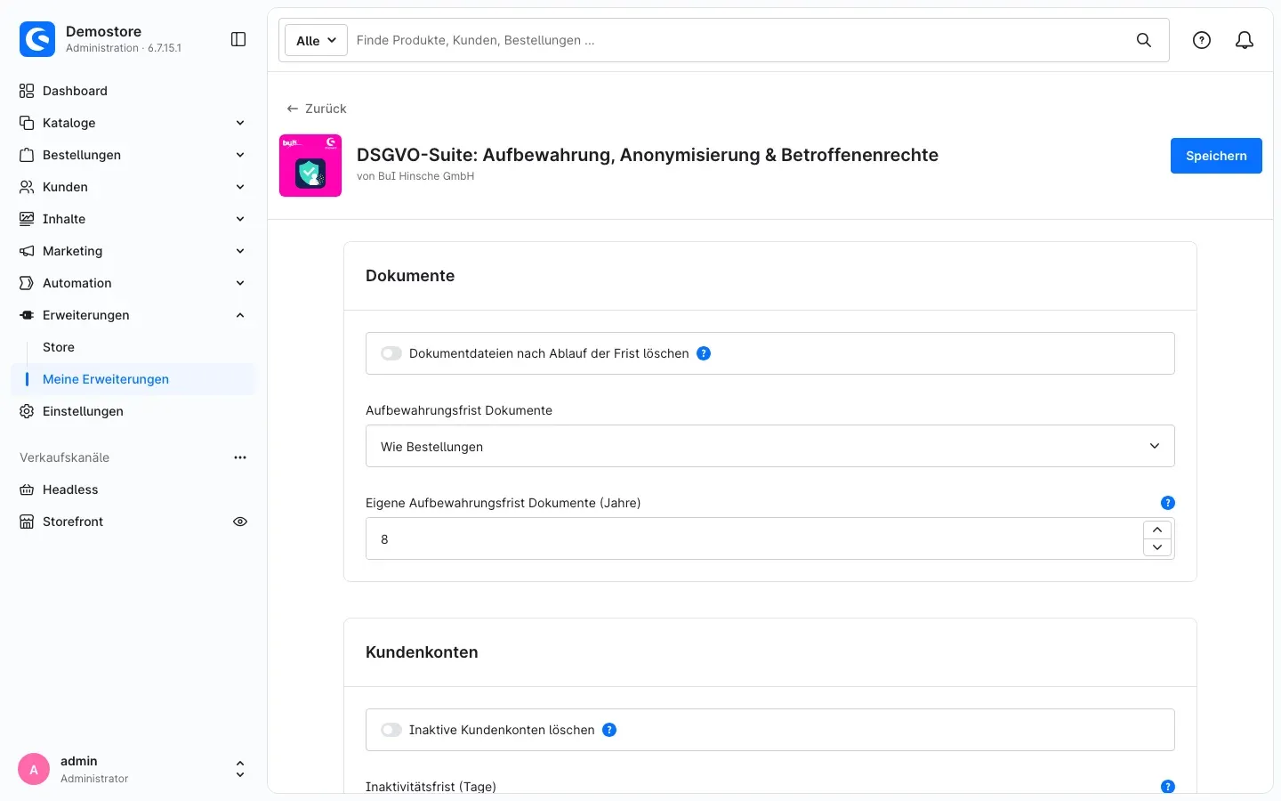 Bereich Dokumente und Beginn des Bereichs Kundenkonten