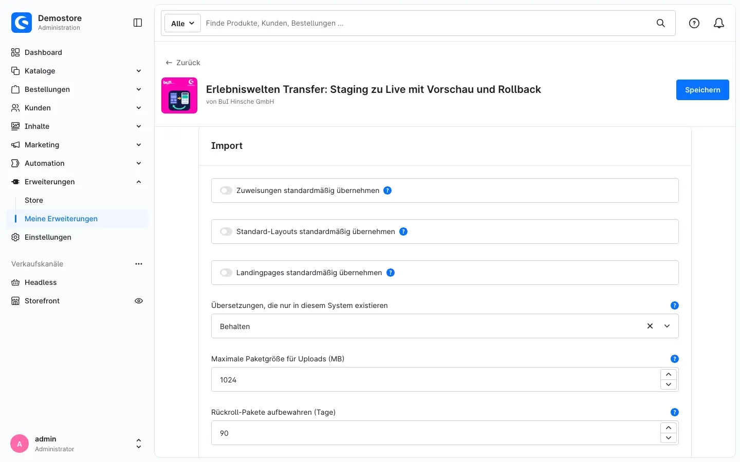 Karte „Import“ in der Plugin-Konfiguration
