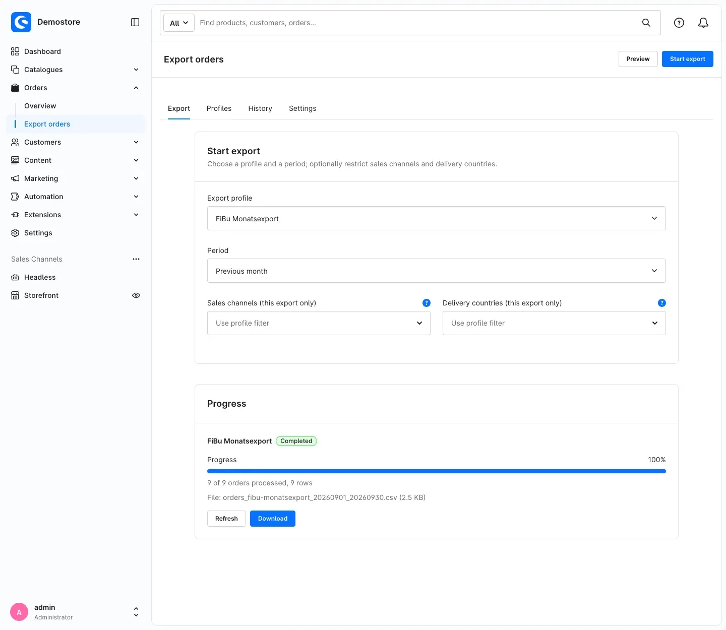 Completed export with Download
