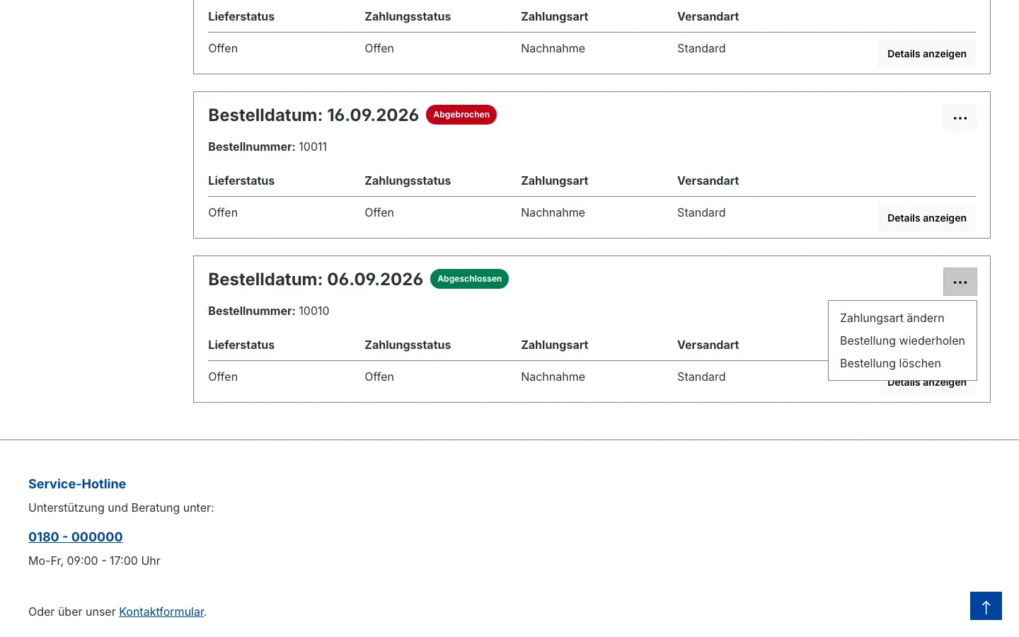 Kontextmenü mit Bestellung löschen