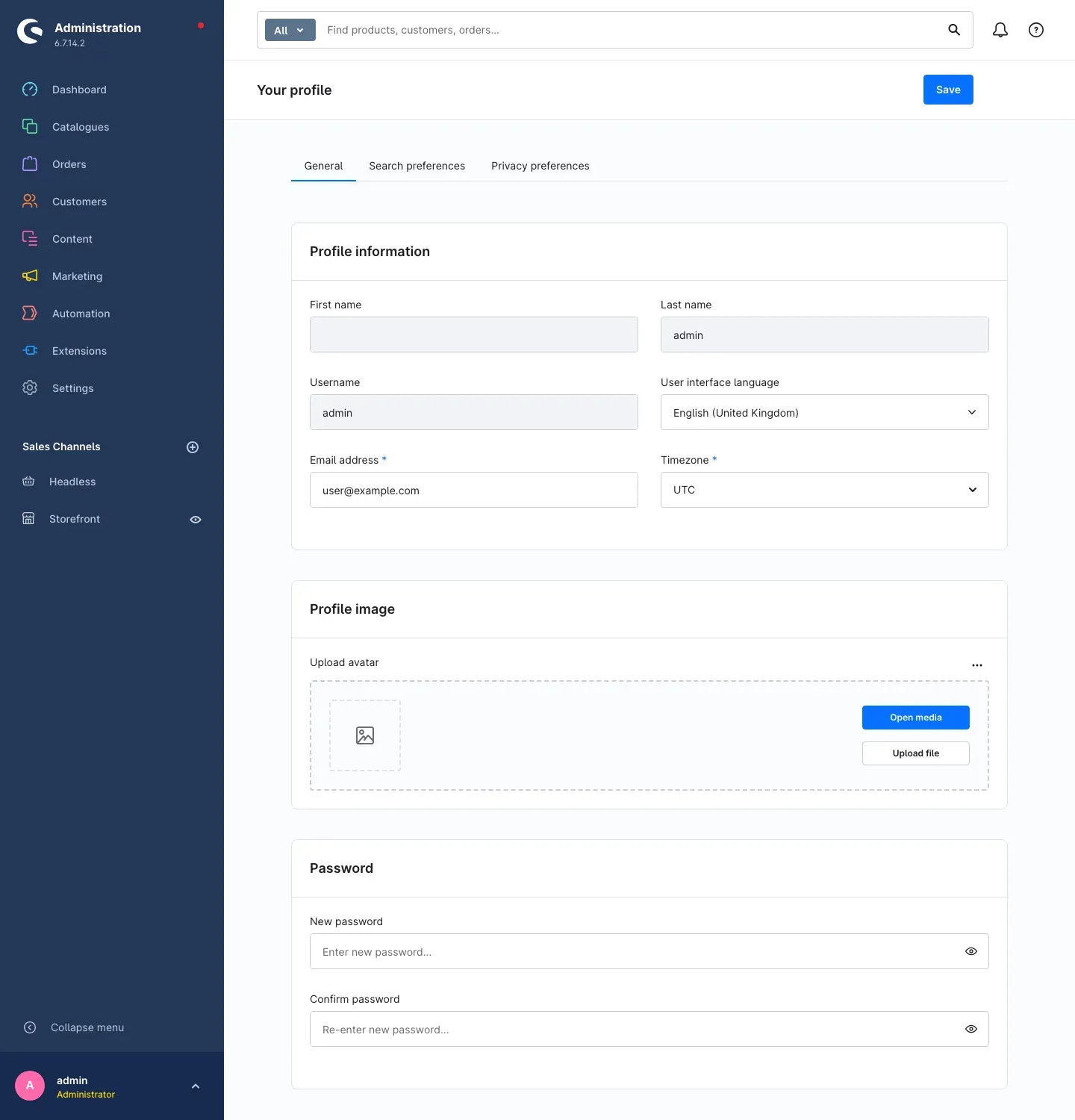 Page "Your profile" with the "Password" card