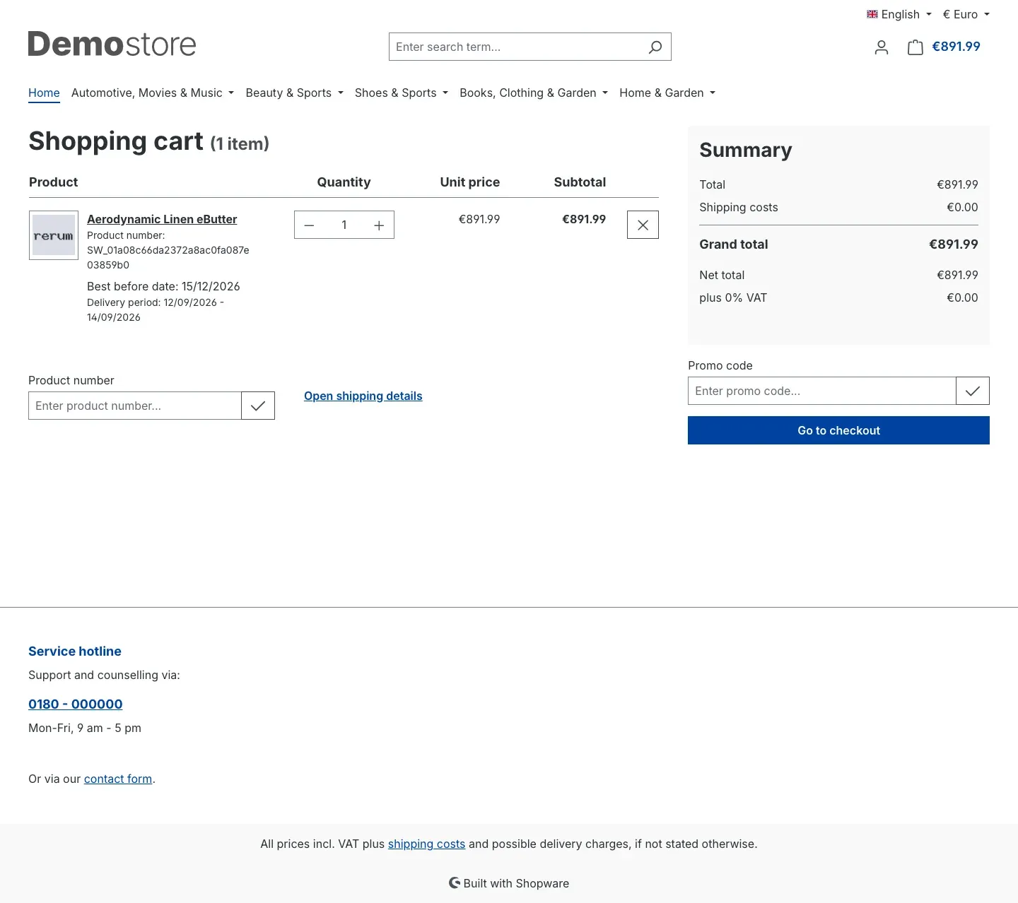 Shopping cart with the best before date on the line item