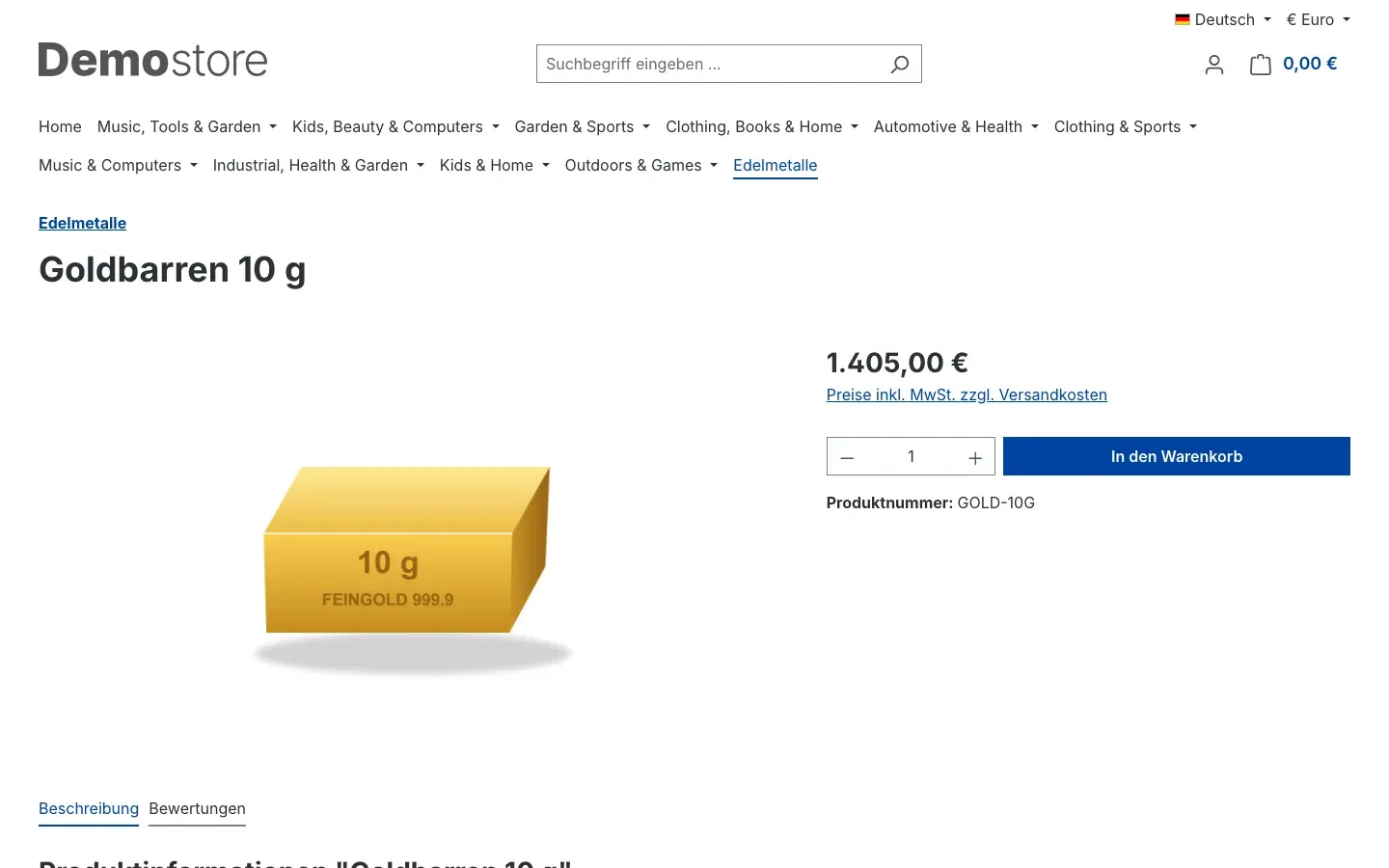 Produktseite bei ausgeschaltetem Verkaufskanal