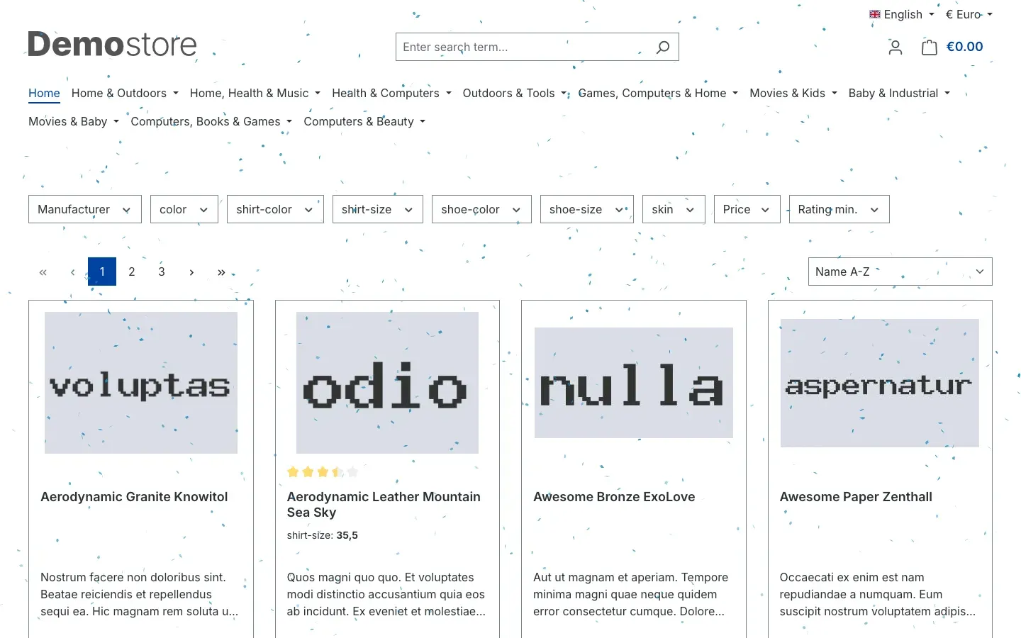 Home page with snowfall over the header, filters and products