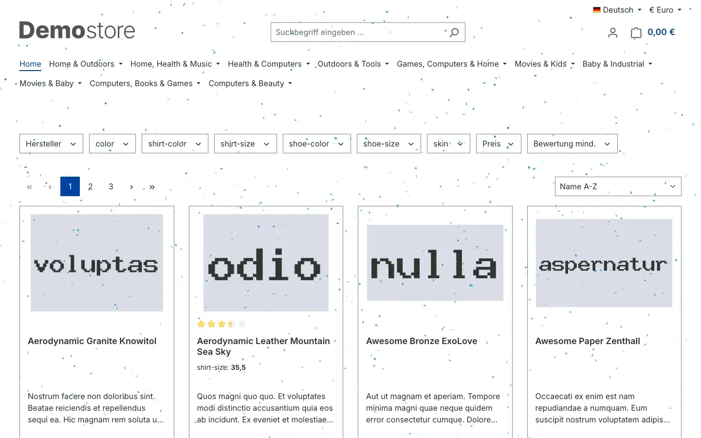 Startseite mit Schneefall über Kopfbereich, Filtern und Produkten