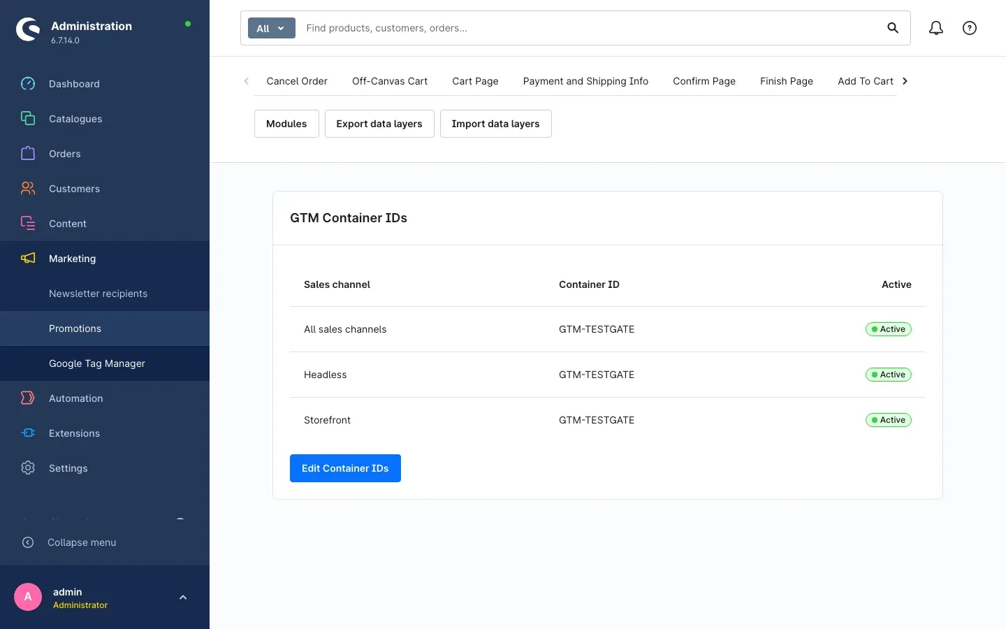 The overview page under Marketing with the container IDs per sales channel