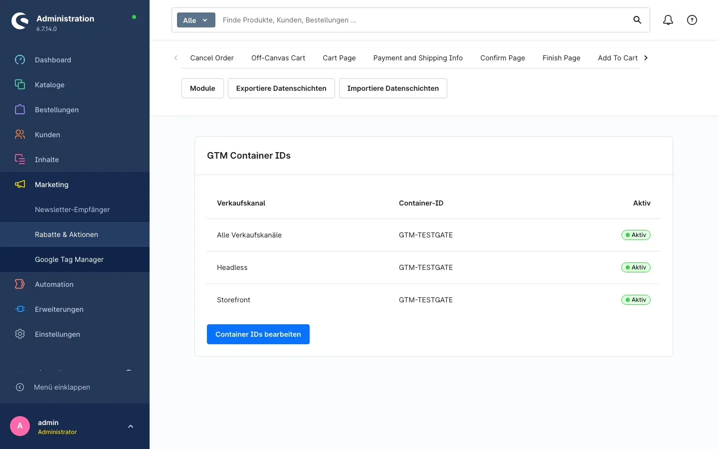 Übersichtsseite unter Marketing mit den Container-IDs je Verkaufskanal