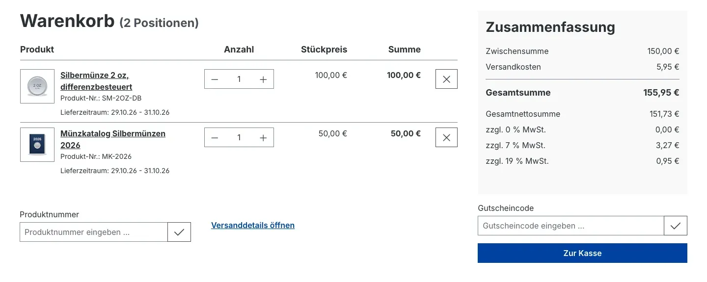 Warenkorb mit Münze und Katalog