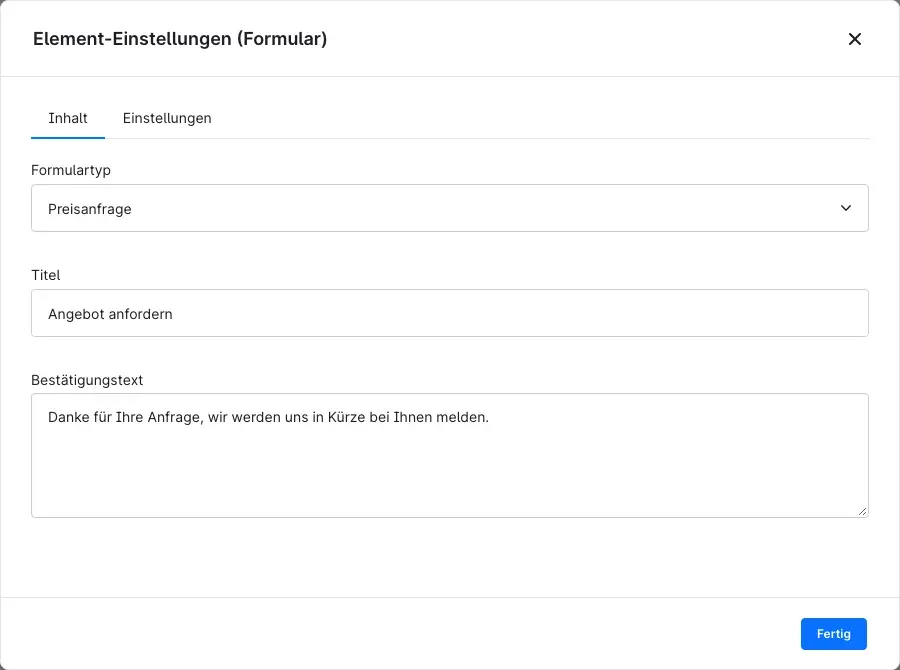 Element-Einstellungen des Formulars mit Formulartyp Preisanfrage