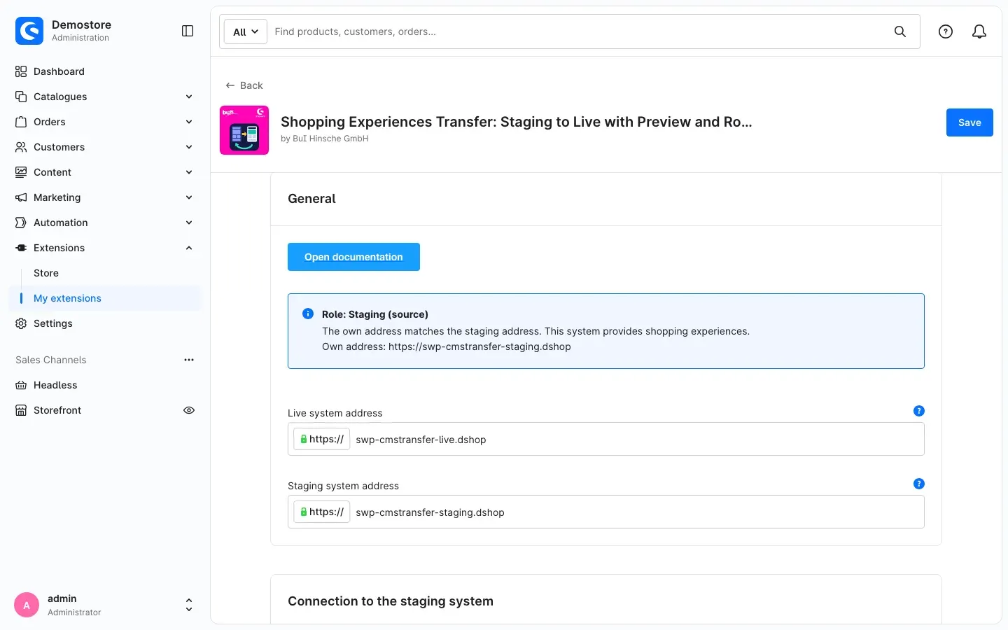 Plugin configuration on the staging shop with role "Staging (source)"