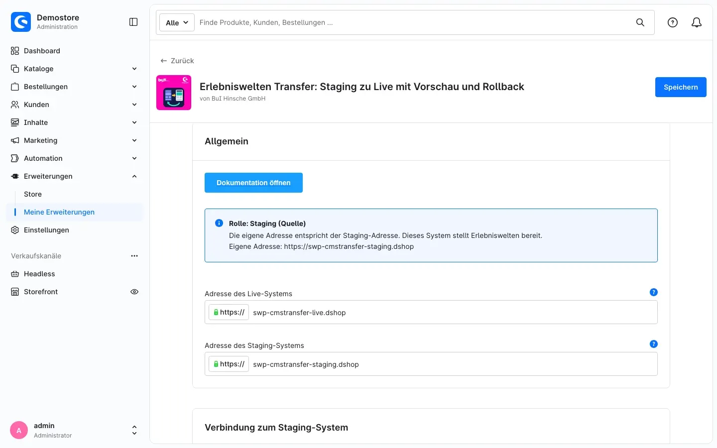 Plugin-Konfiguration im Staging-Shop mit Rolle „Staging (Quelle)“