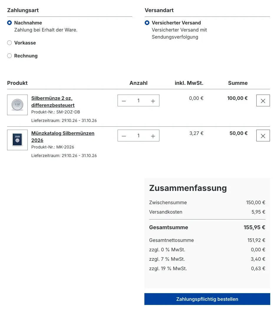 Kasse mit aufgeteilter Versandsteuer