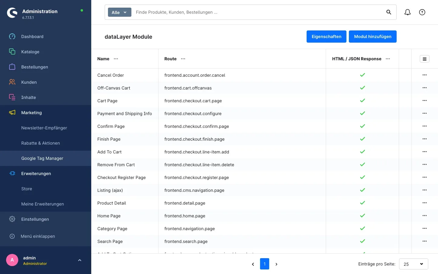 Liste „dataLayer Module" mit allen vorkonfigurierten Seiten