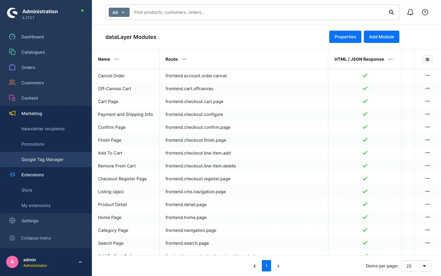 The "dataLayer Modules" list with all preconfigured pages