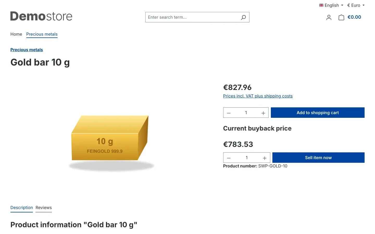 Product page with selling and buyback price