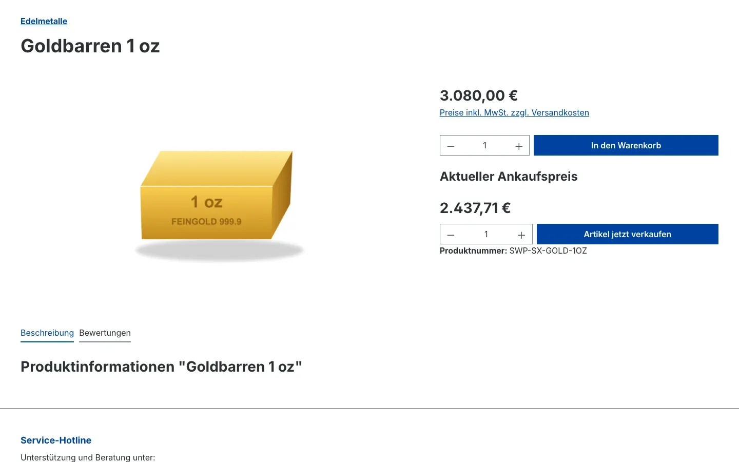 Produktseite mit Verkaufspreis und Ankaufspreis