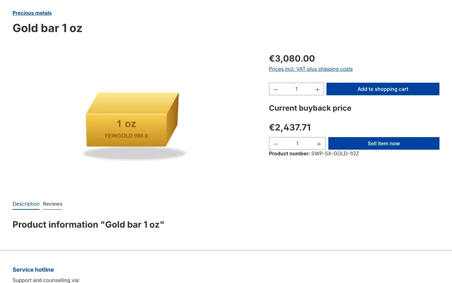 Product page with selling price and buyback price