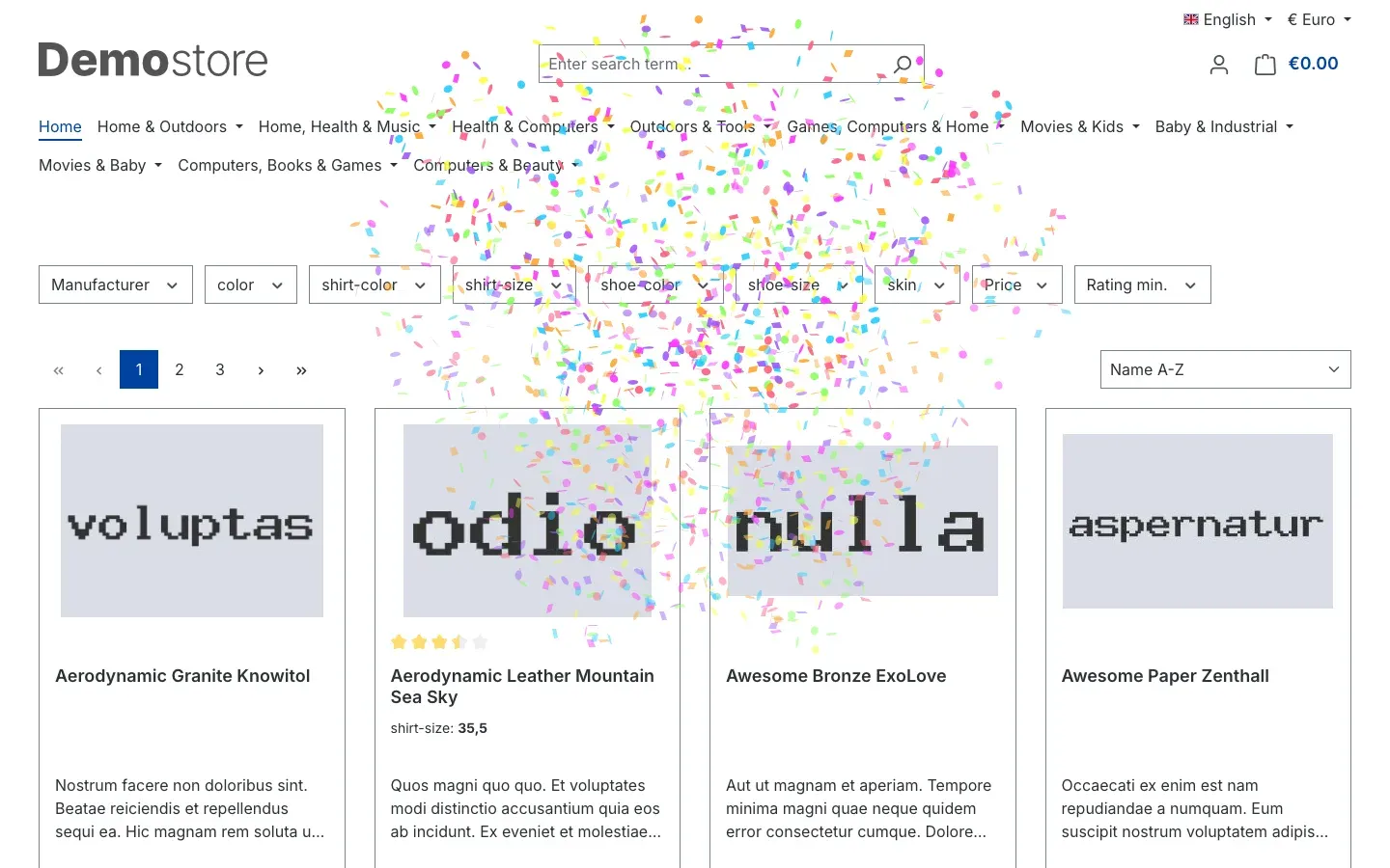 Home page with colourful confetti from the centre of the page
