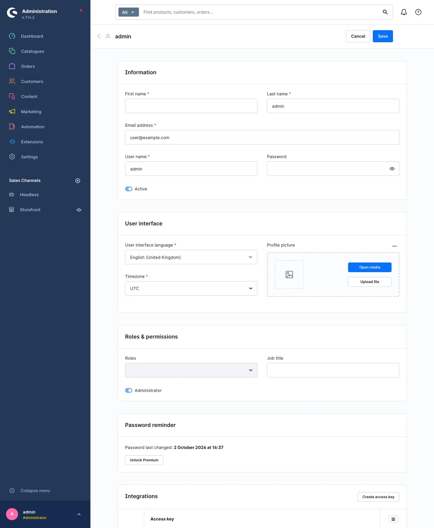 Card "Password reminder" on the user detail page