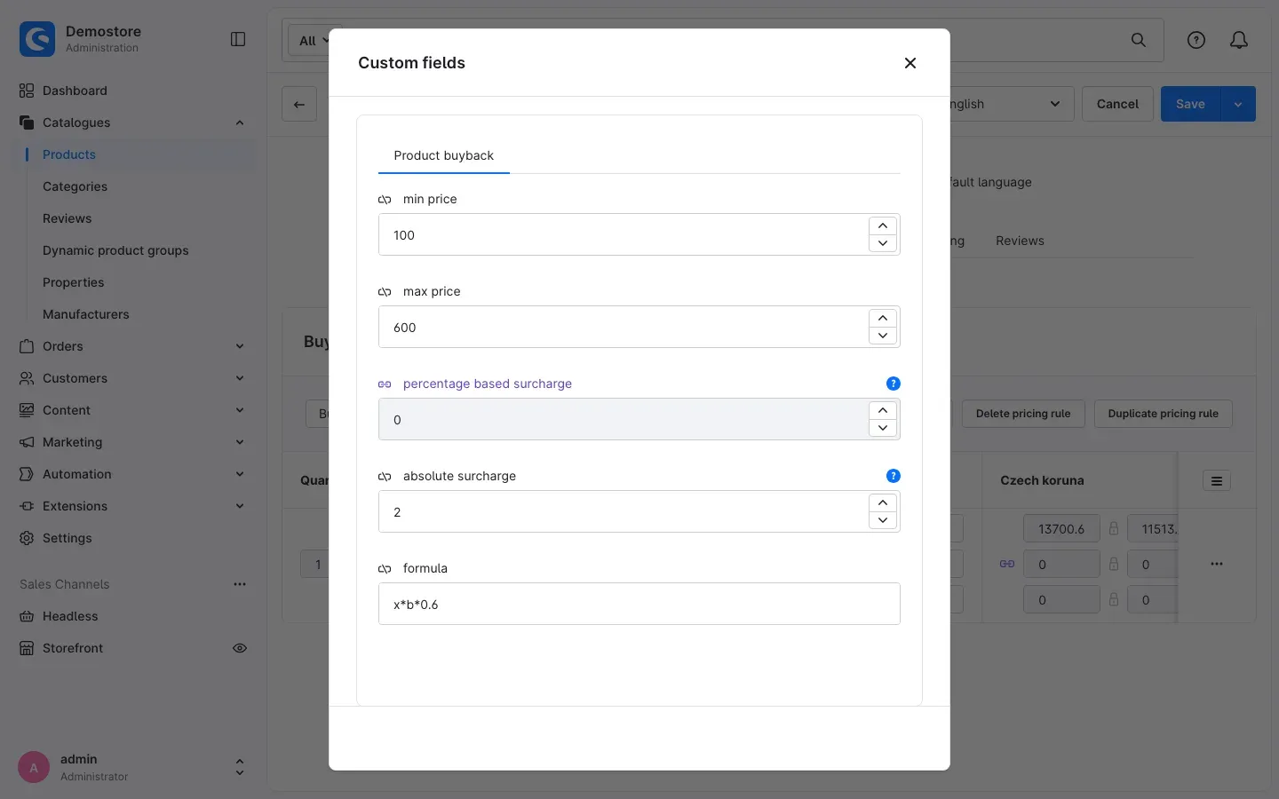 Fig. 8: The "Custom fields" window of the price row with formula, surcharges, minimum and maximum price