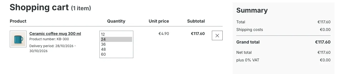 Quantity selection in the shopping cart