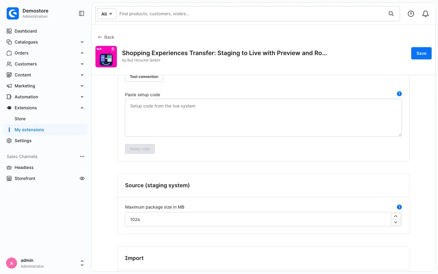 "Paste setup code" field on the staging shop