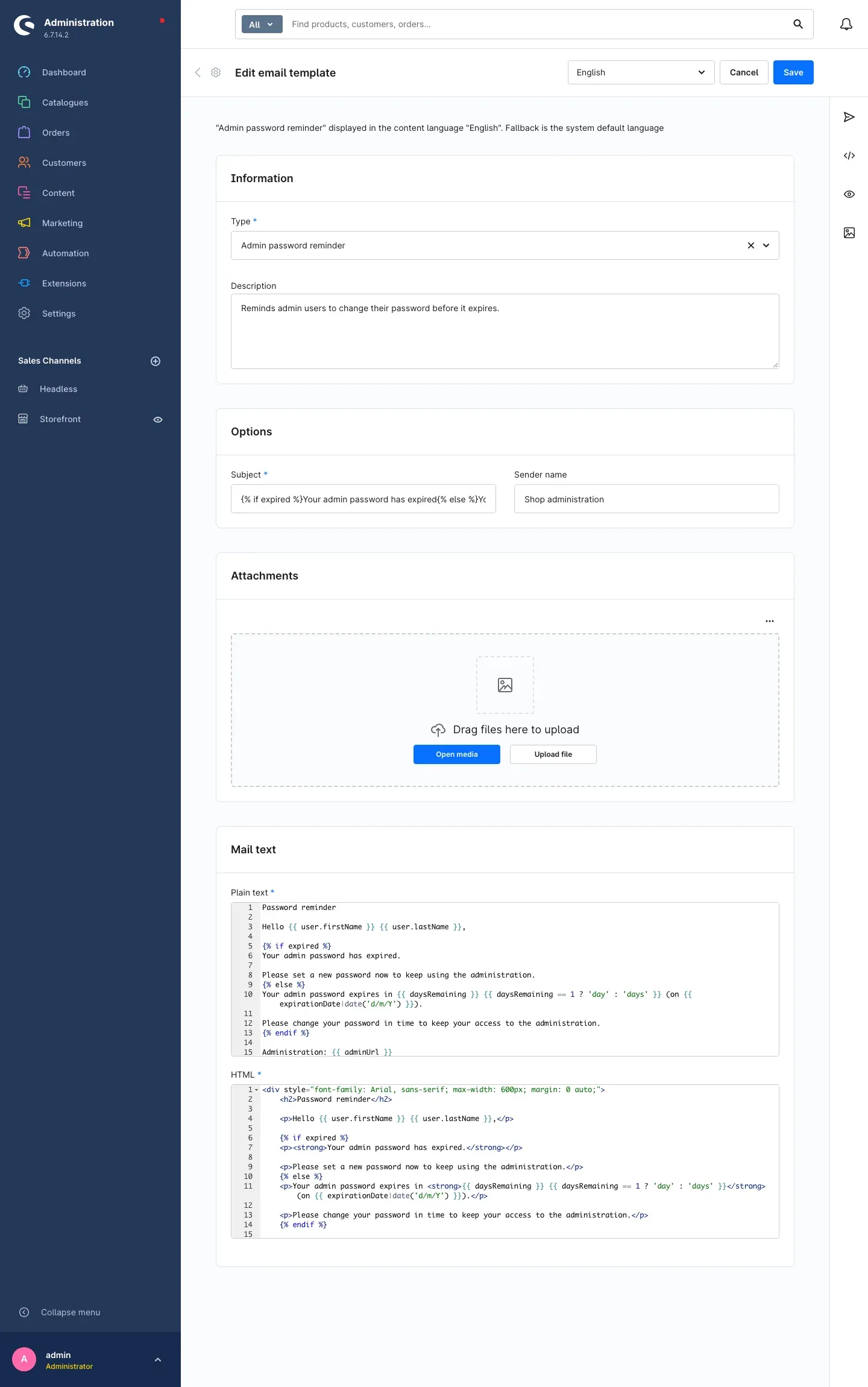 Template "Admin password reminder" among the email templates