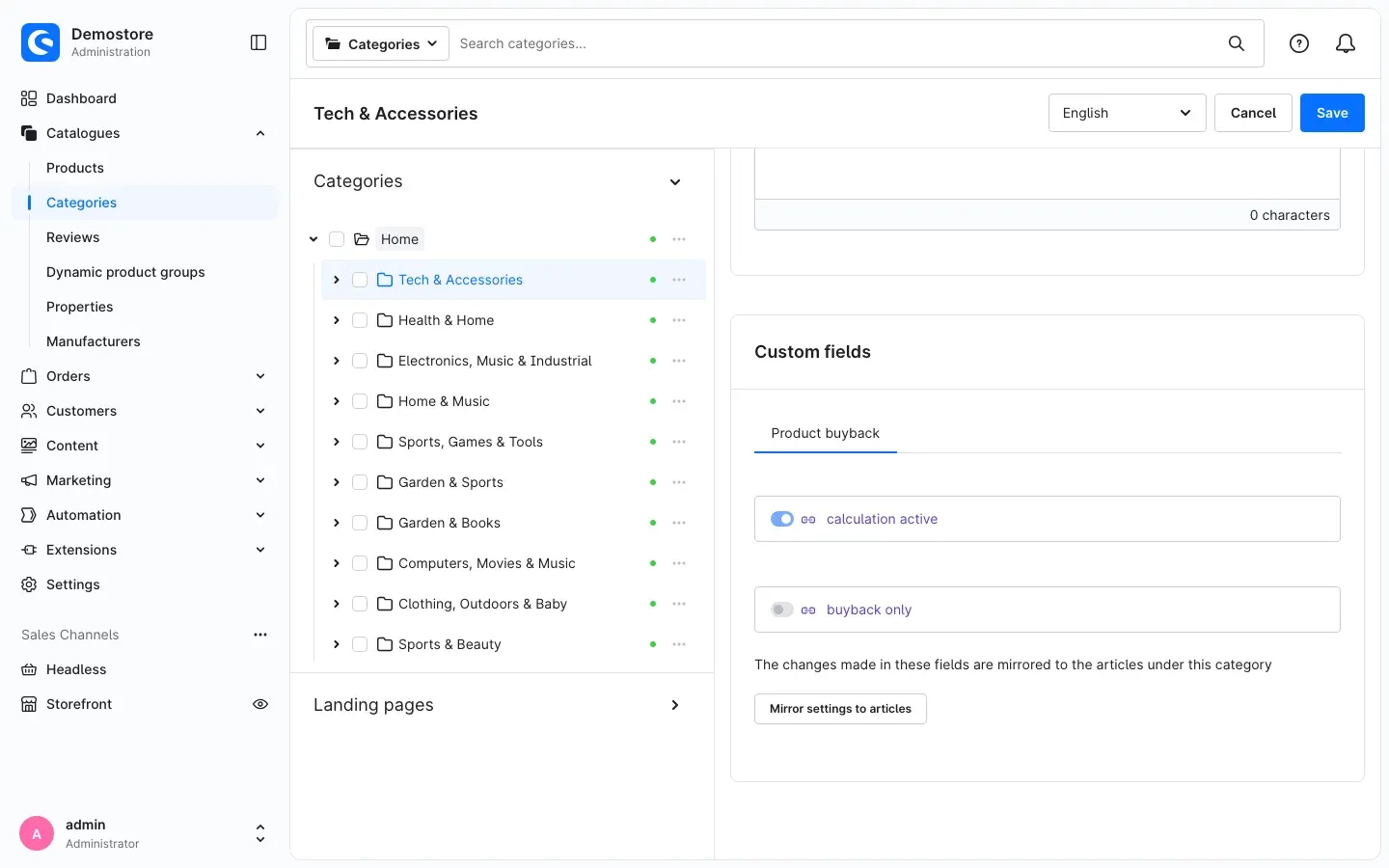 Fig. 9: Category with the "Product buyback" tab and the "Mirror settings to articles" button