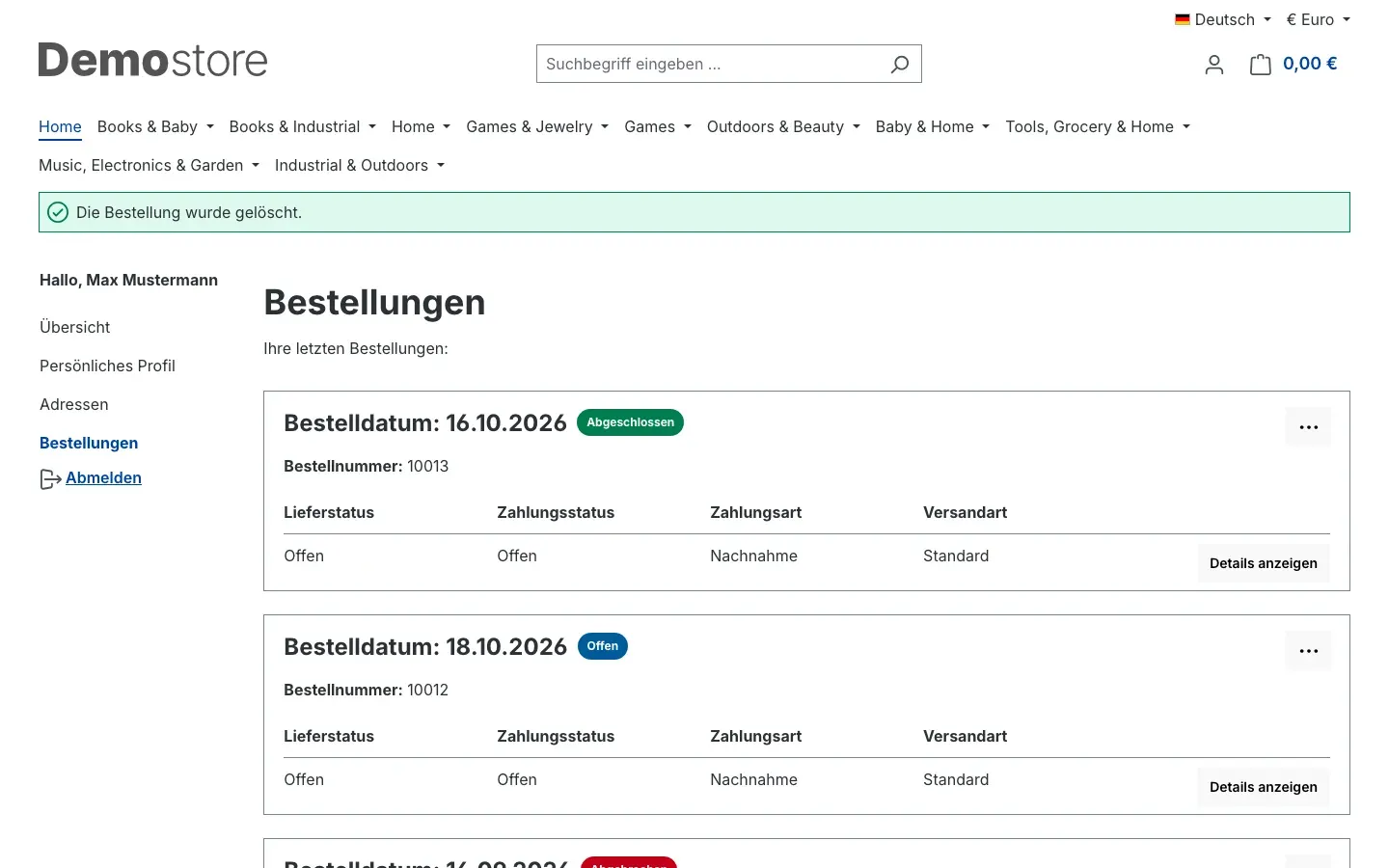 Bestellung gelöscht