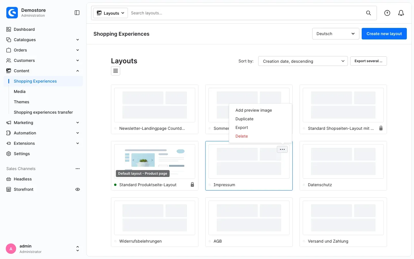 Context menu of a layout with the "Export" entry