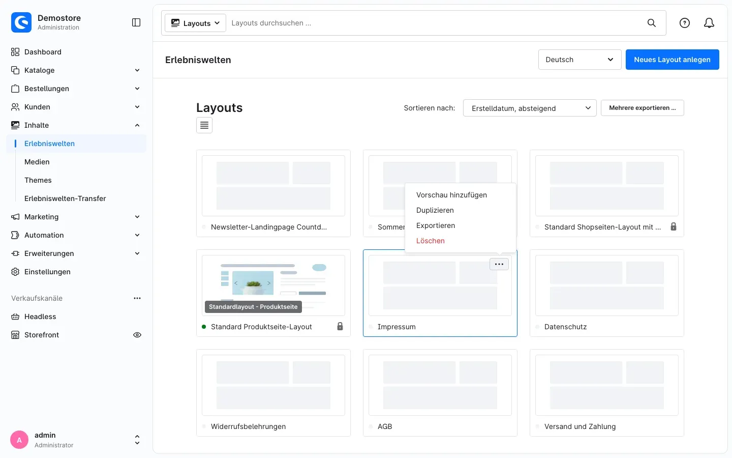 Kontextmenü eines Layouts mit dem Eintrag „Exportieren“