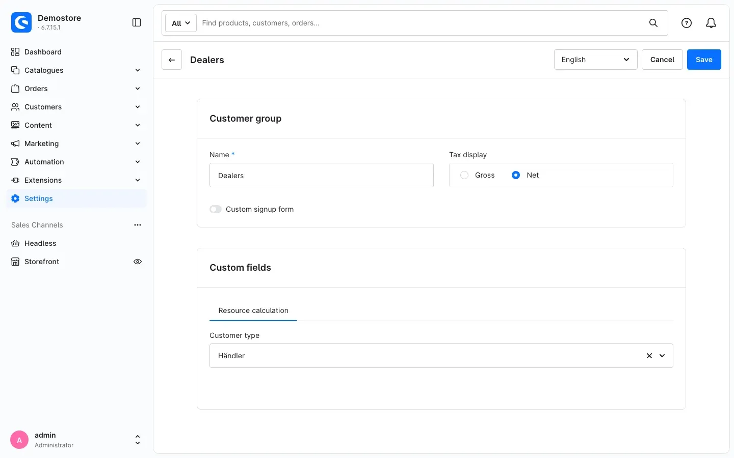 Customer group with customer type