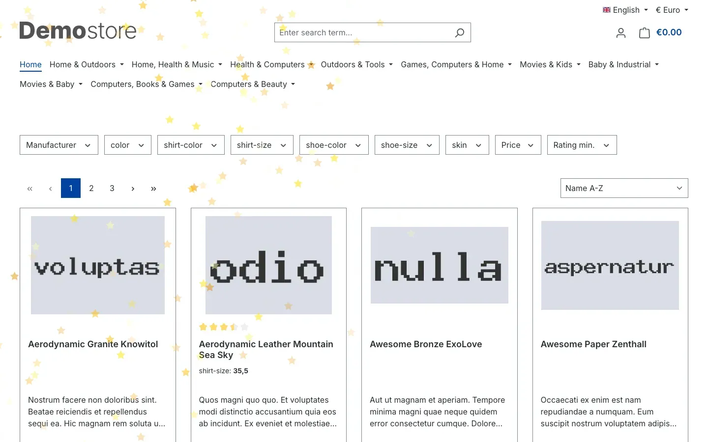 Home page with golden stars spread across the whole page