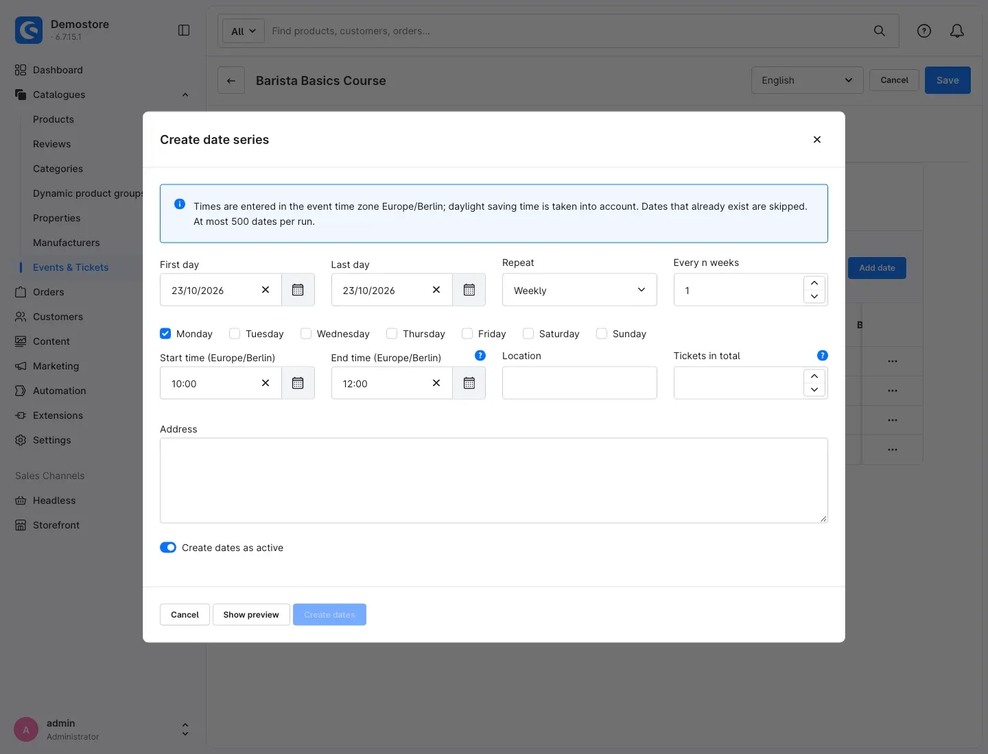 Create date series dialog