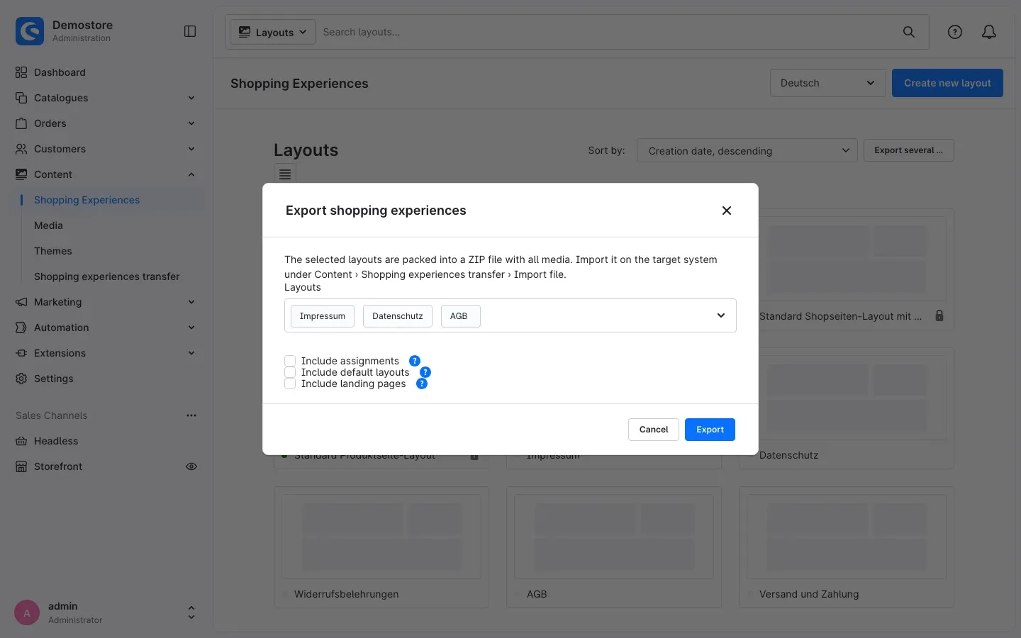 "Export shopping experiences" window with three selected layouts