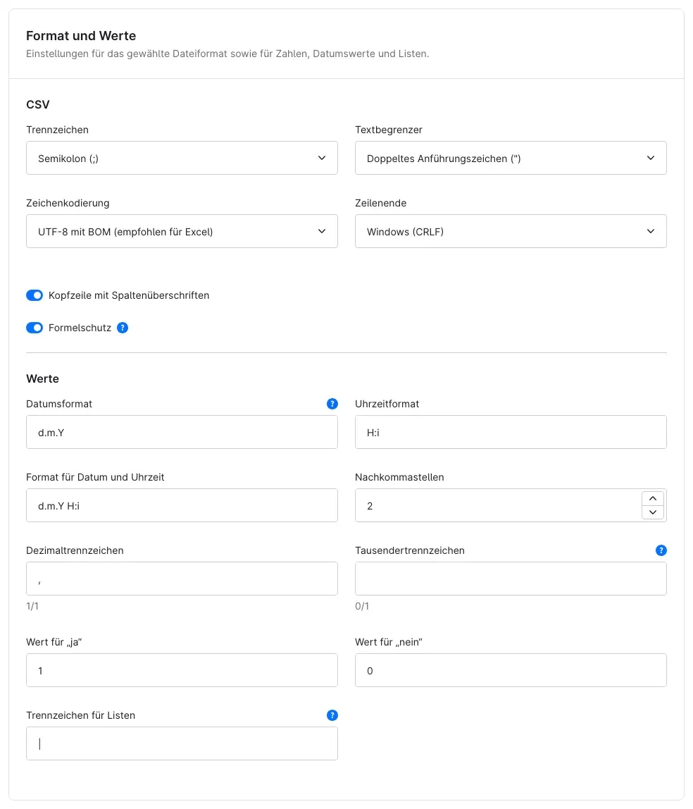 Profil, Karte Format und Werte für CSV