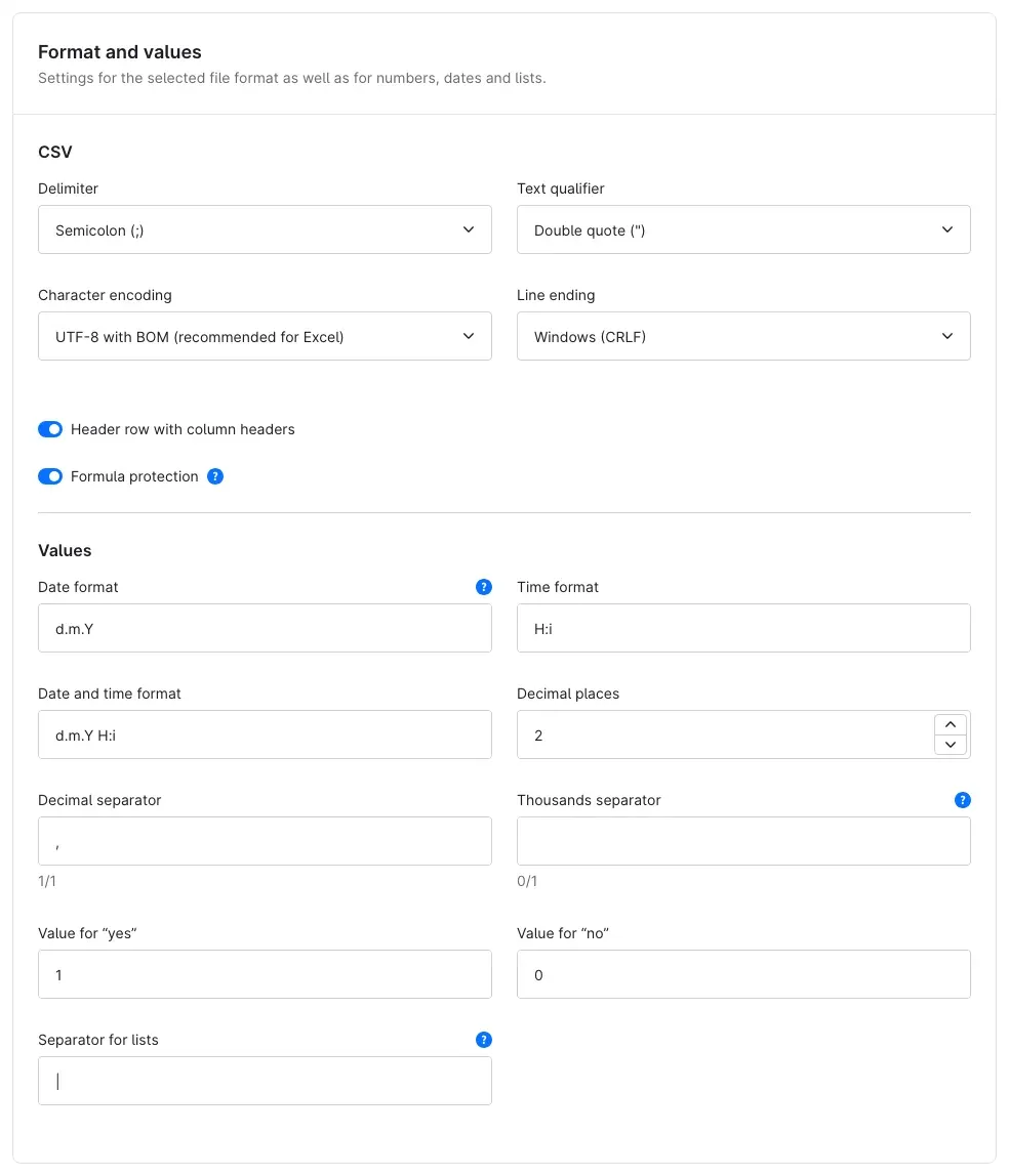 Profile, Format and values card for CSV
