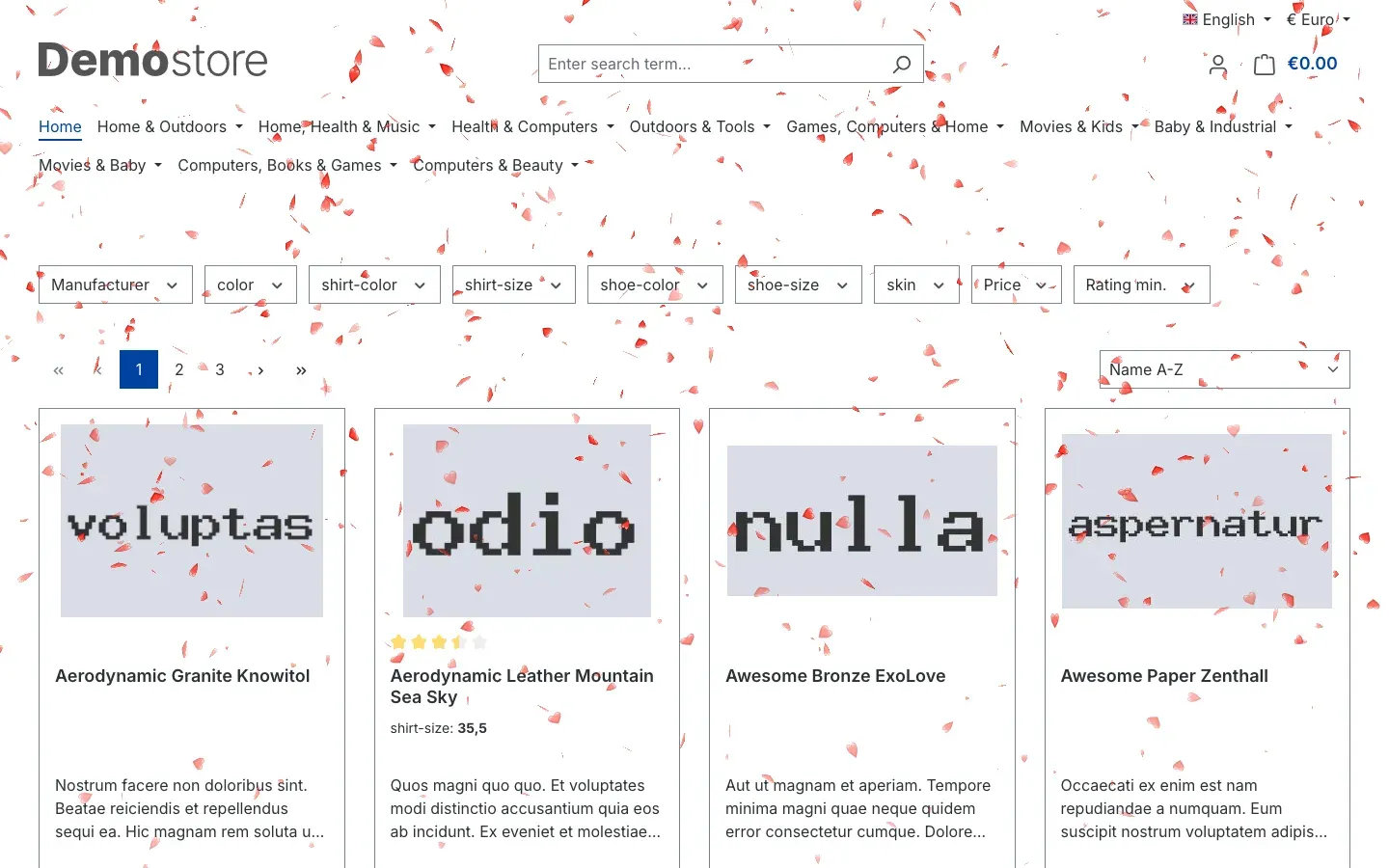 Home page with falling red hearts